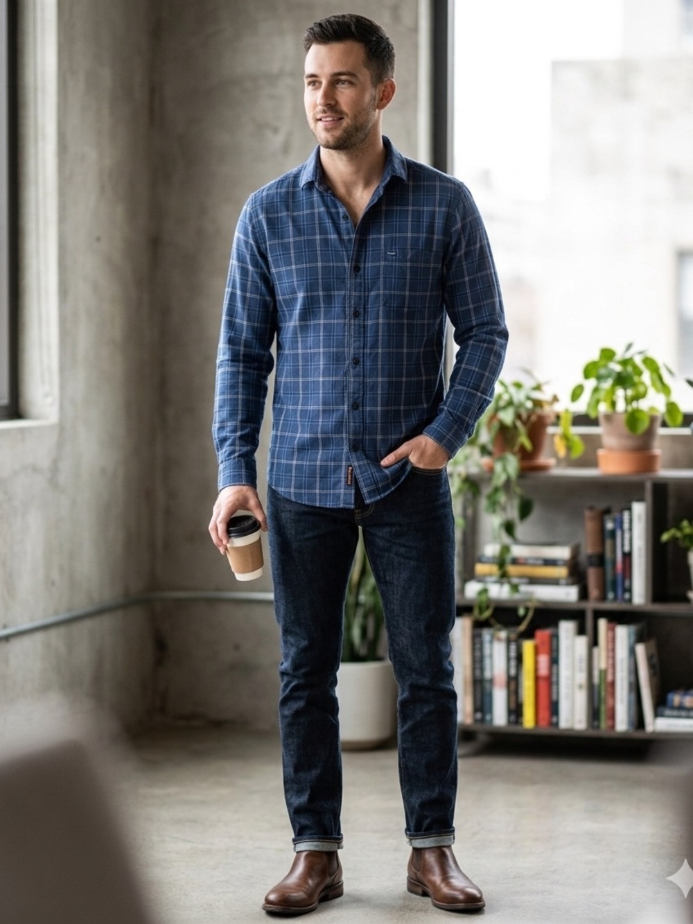 Classic Navy Plaid Button-Up Shirt for Men